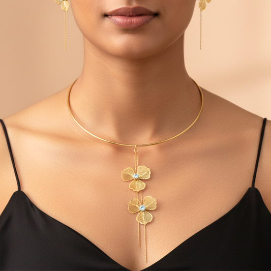 Gold Floral Drop Hasli Necklace