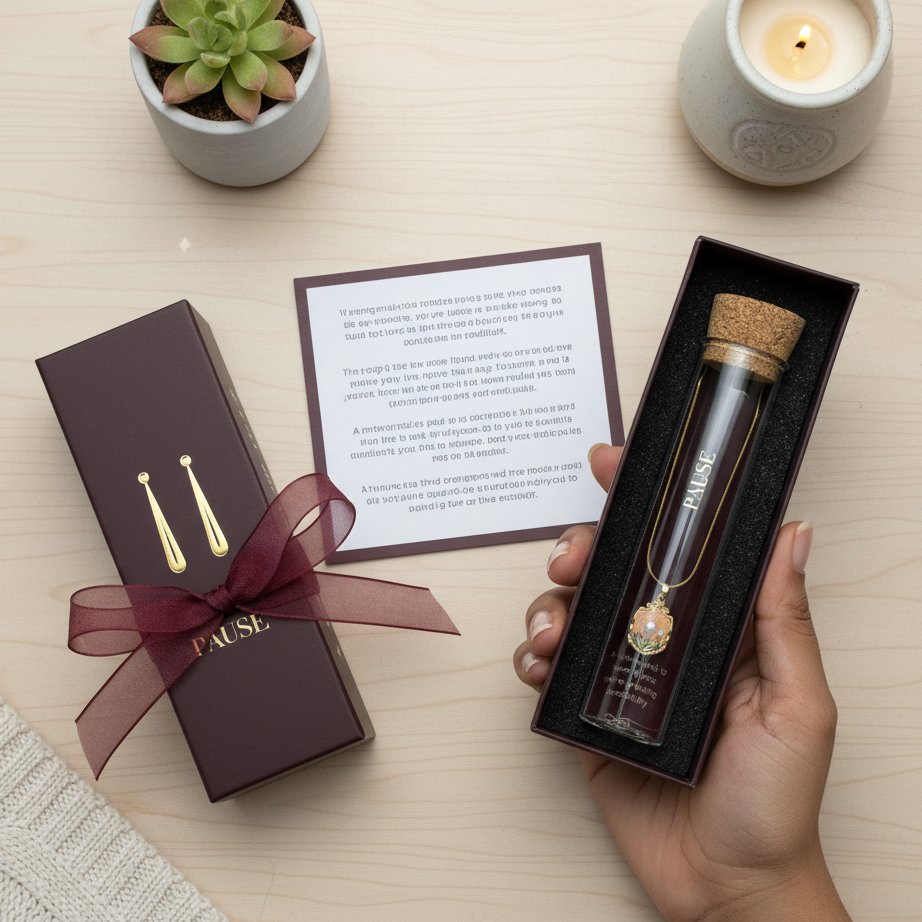 Product packaging with a bottle, box, and card on a wooden surface.