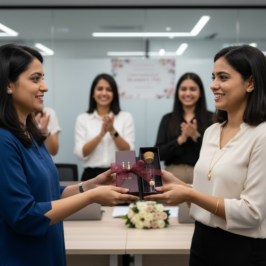 Two women exchanging a gift in an office setting with colleagues clapping in the background.