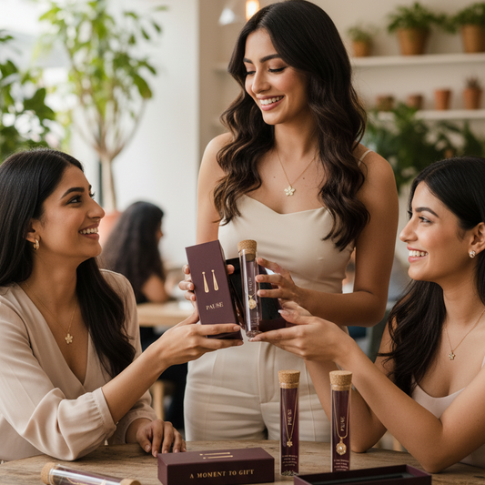 Three women sitting together in a casual setting, holding and discussing products.