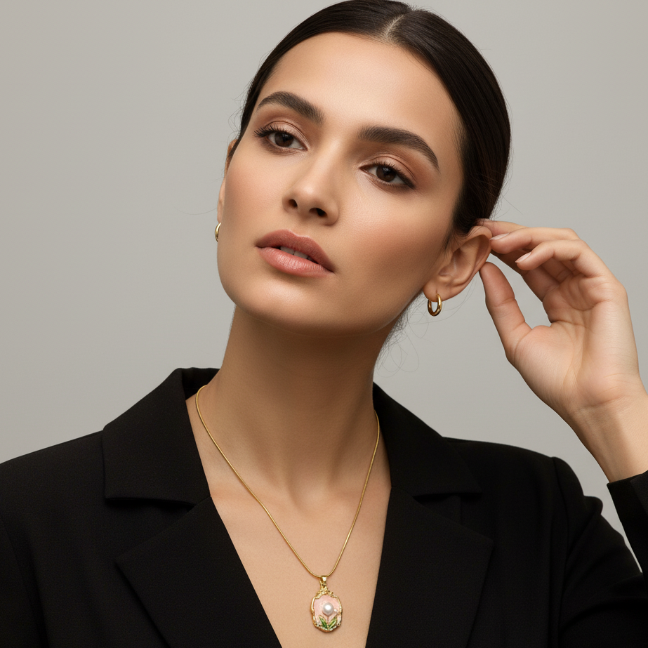 Woman wearing a gold necklace and earrings against a gray background