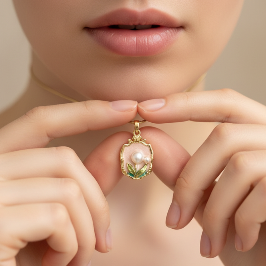 Close-up of a hand holding a gold necklace with a pendant featuring a pearl.