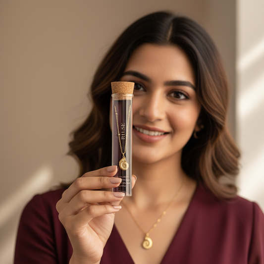 Woman holding a skincare product container against a neutral background
