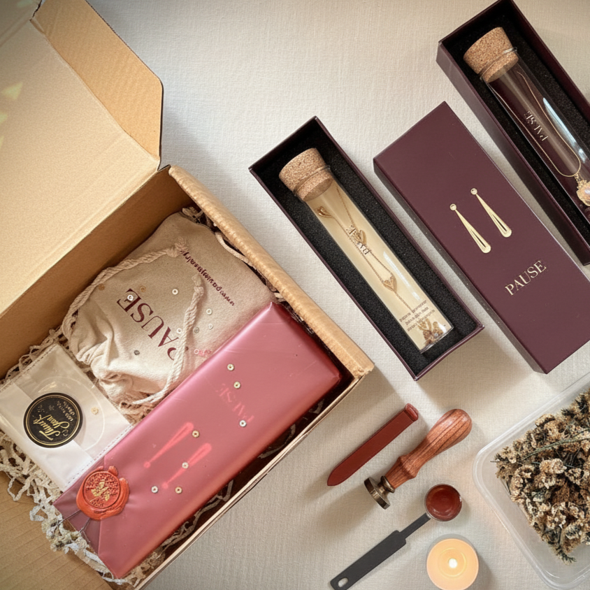 Collection of beauty products and accessories on a light surface